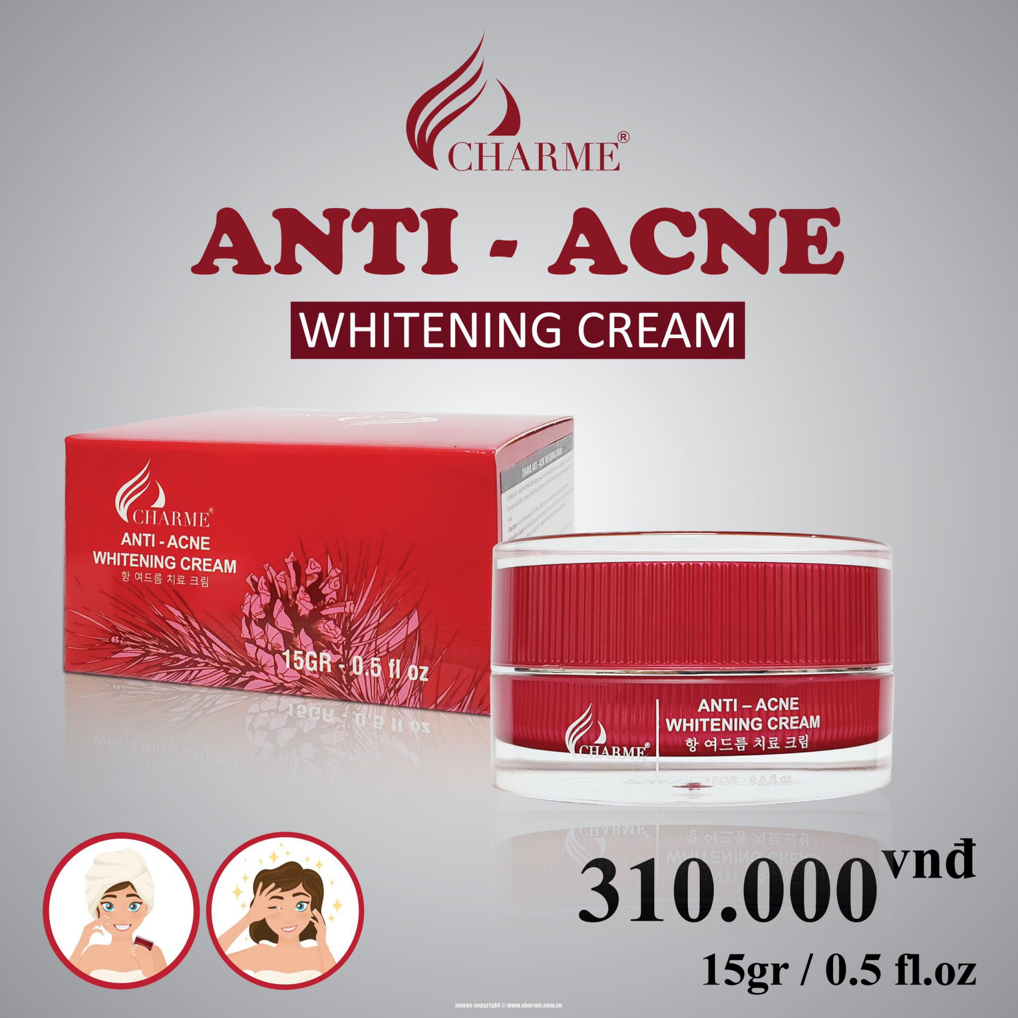 Kem Trị Mụn Trắng Da Thông Đỏ Charme Anti Acne Whitening Cream