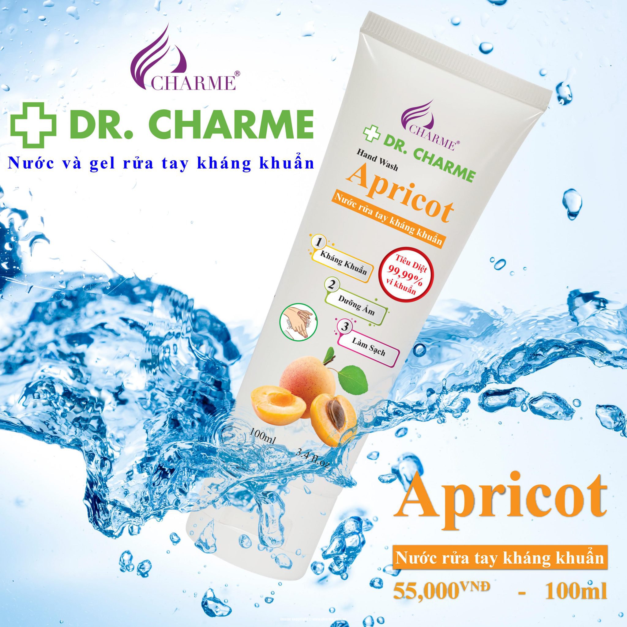 Nước Rửa Tay Diệt Khuẩn Dr. Charme Apricot 100ml – Diệt Sạch 99% Vi Khuẩn